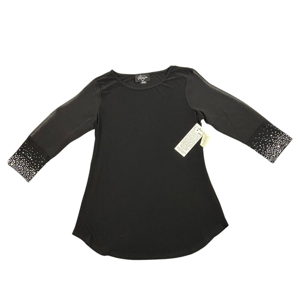 NWT Crystalline Tango Mango Black Rhinestone Cuff Top M Studded Swarovski Sheer